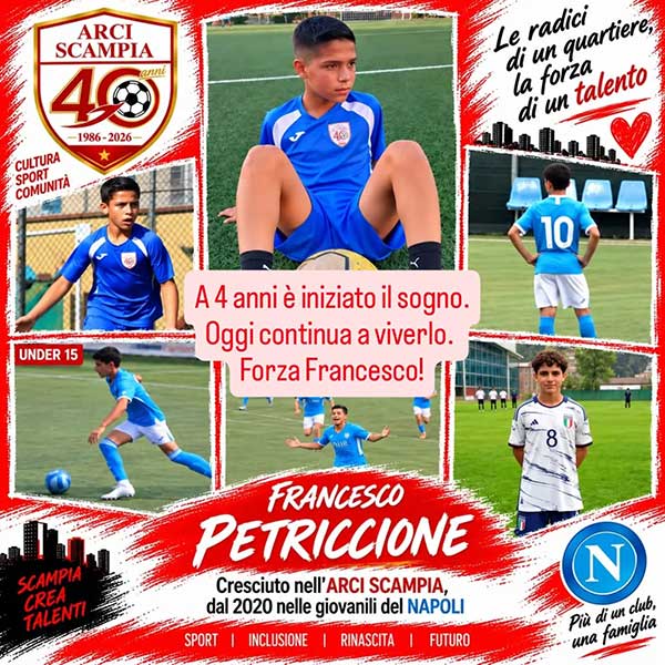 Il calciatore Francesco Petriccione, dalla Scuola Calcio ARCI Scampia al settore giovanile del Napoli Dall'ARCI Scampia al Napoli, il percorso del giovane calciatore Francesco Petriccione